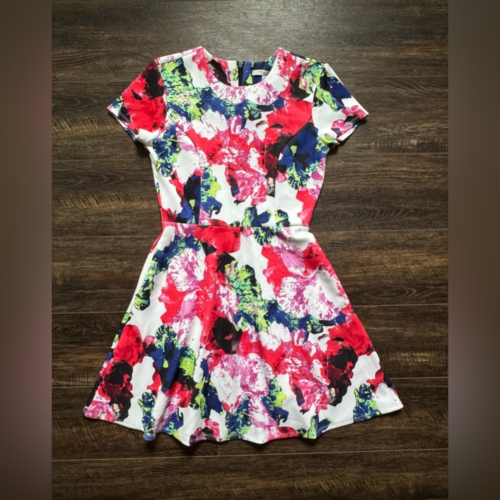 Milly White Floral Midi Dress with Pink, Red, Blue and Green Print